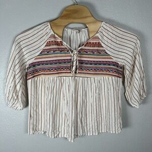 Savanna Jane Size Large Embroidered Boho Peasant Top Tie Festival Hippie Blouse